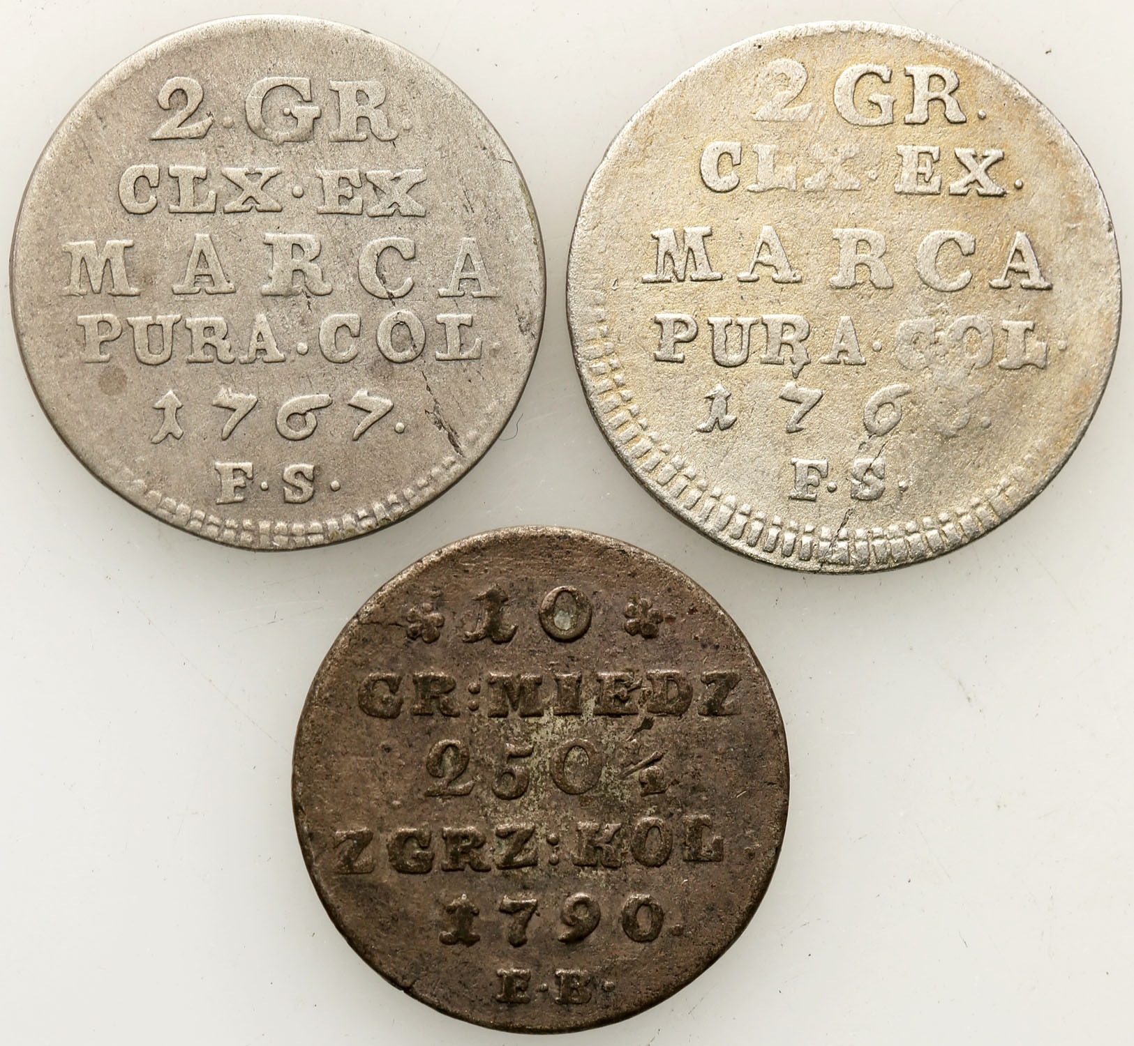 Stanisław August Poniatowski. 2 grosze 1766, 1767, 10 groszy 1790, zestaw 3 monet